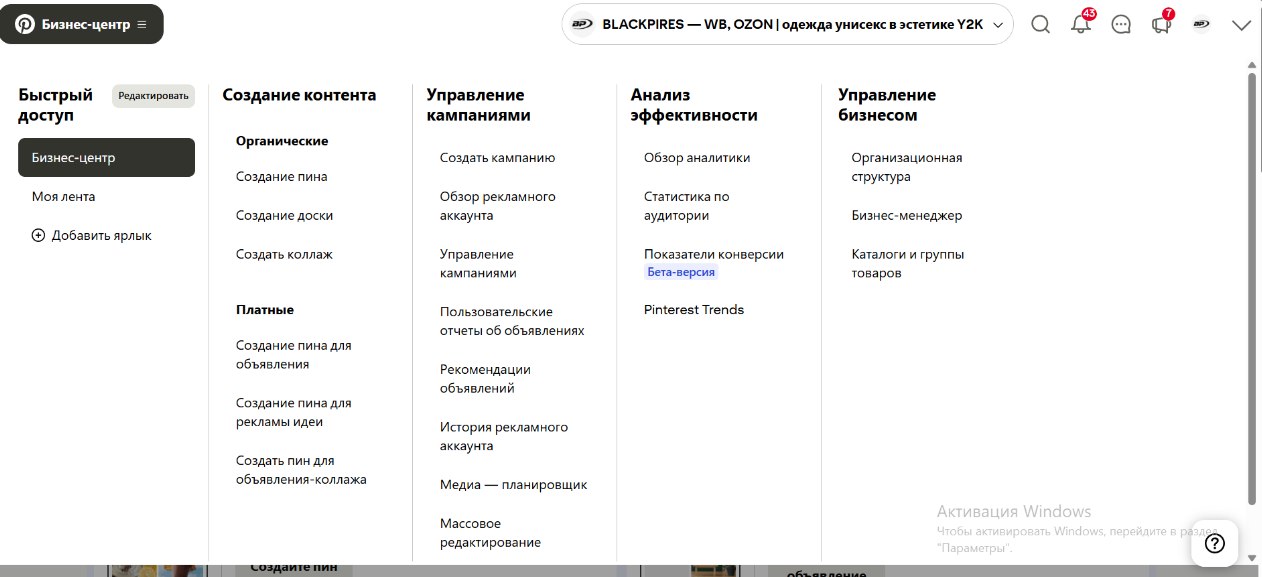 Меню Анализ эффективности